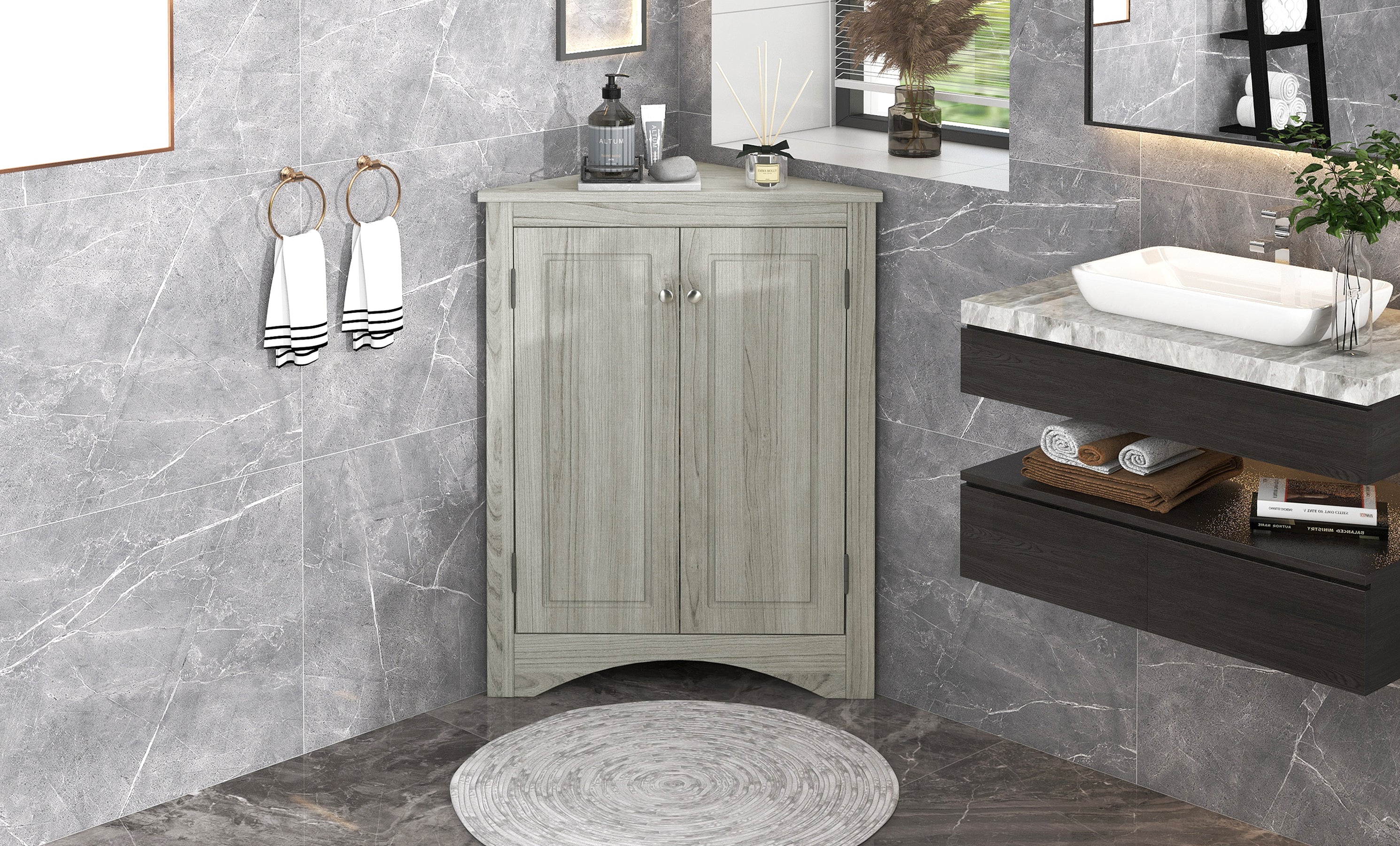 Oak triangle bathroom storage cabinet with a stylish, space-saving design, featuring multiple shelves for organizing toiletries, towels, and other bathroom essentials. Crafted from durable oak wood, this elegant cabinet adds both functionality and natural charm to any bathroom