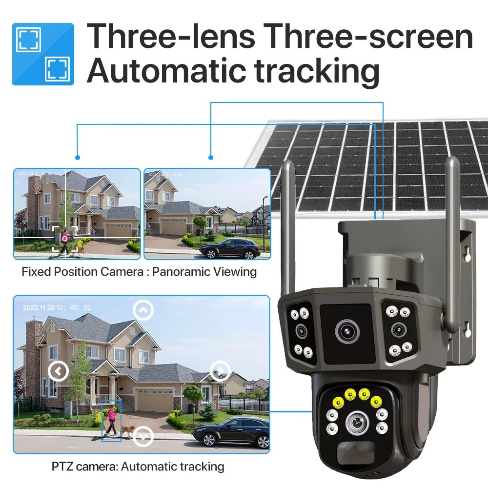 Outdoor solar-powered security camera with pan-tilt rotation, night vision, and remote monitoring for off-grid surveillance.

