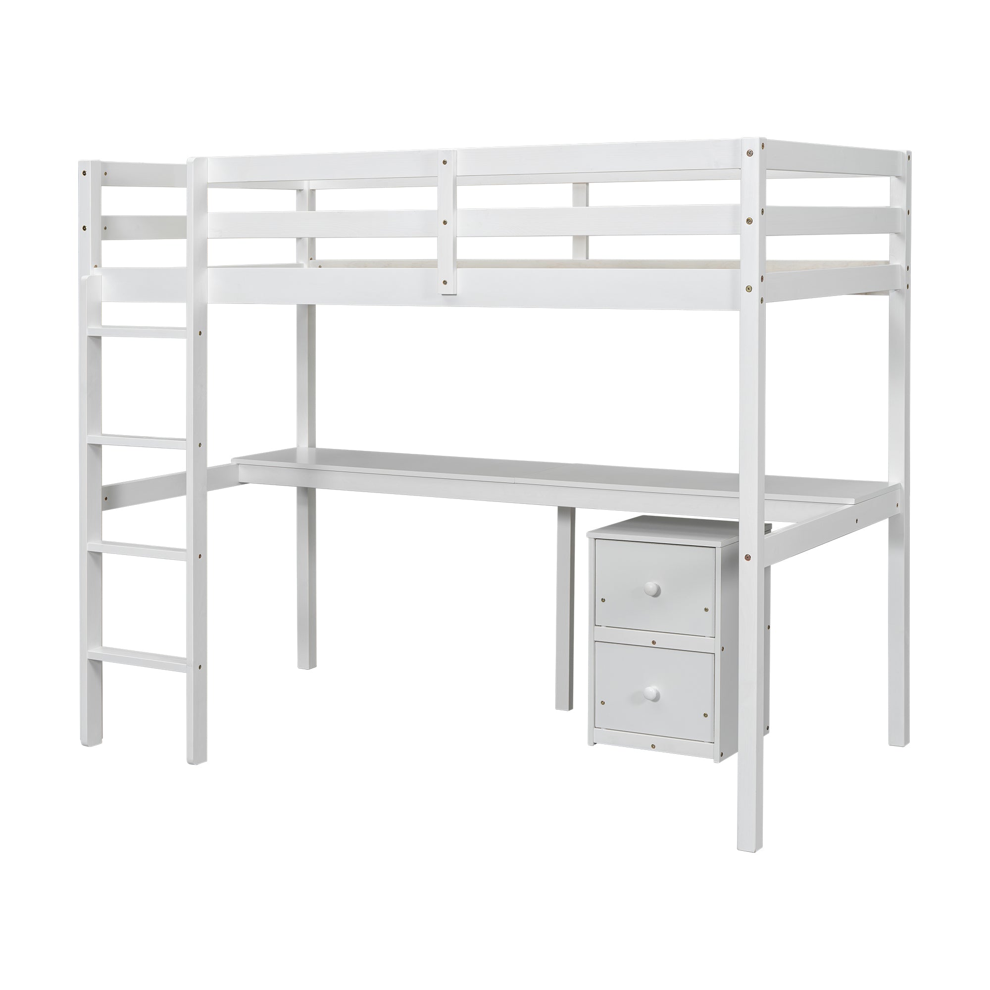 Full view of white twin loft bed with built-in desk and drawers underneath

