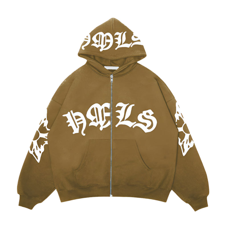 Oversized unisex hoodie with Gothic letter print and zipper – streetwear fashion for men and women.

