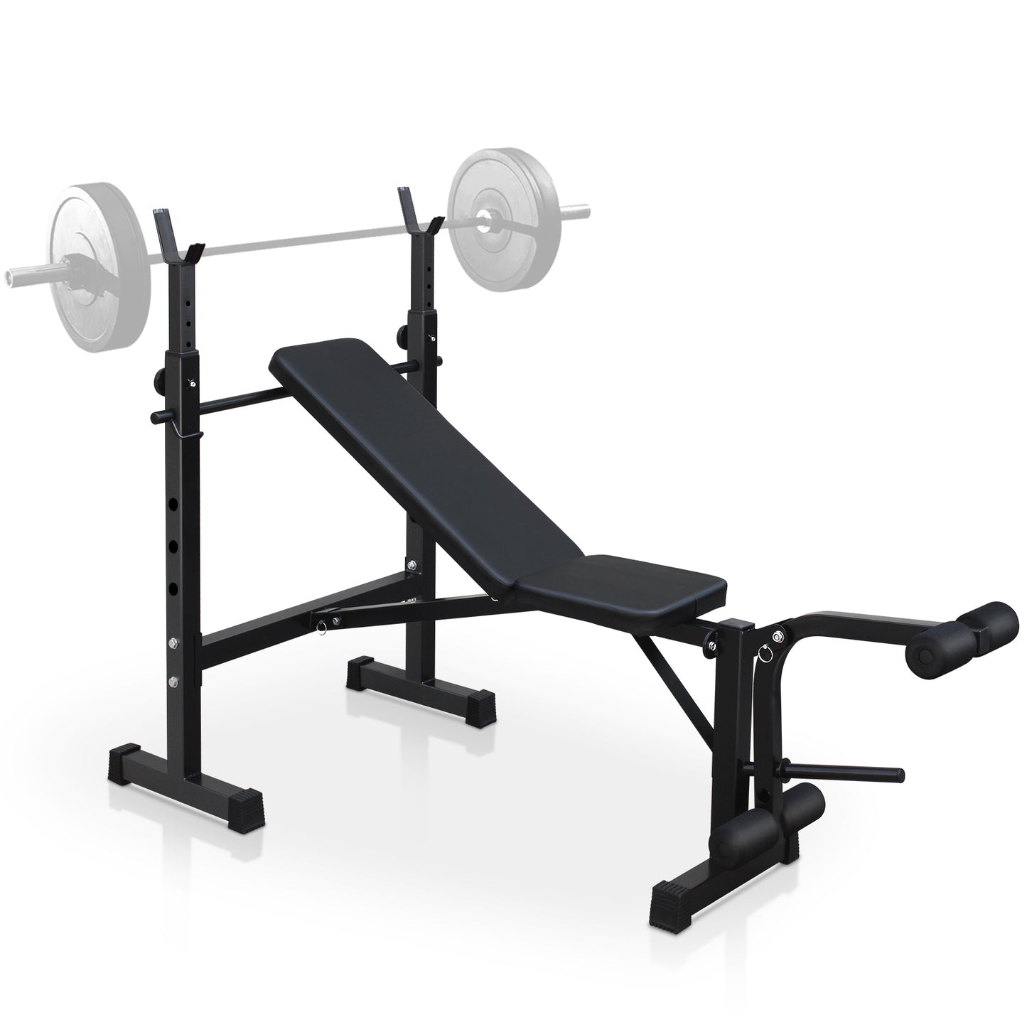 Olympic weight bench with adjustable squat rack, designed for strength training, featuring sturdy construction and multiple settings for bench press, squats, and other weightlifting exercises.