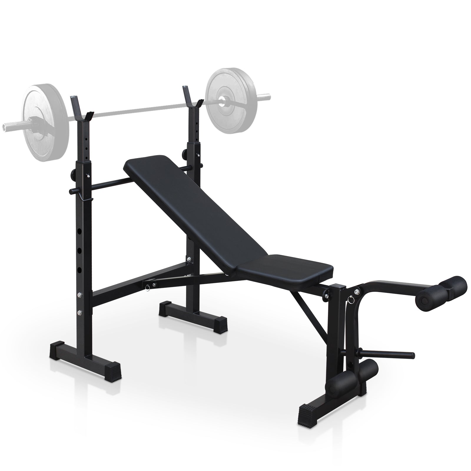 Olympic weight bench with adjustable squat rack, designed for strength training, featuring sturdy construction and multiple settings for bench press, squats, and other weightlifting exercises.