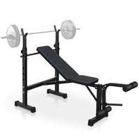 Olympic weight bench with adjustable squat rack, designed for strength training, featuring sturdy construction and multiple settings for bench press, squats, and other weightlifting exercises.