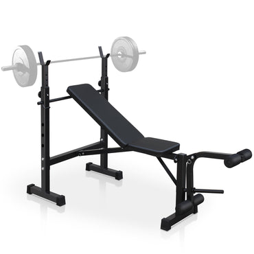Olympic weight bench with adjustable squat rack, designed for strength training, featuring sturdy construction and multiple settings for bench press, squats, and other weightlifting exercises.