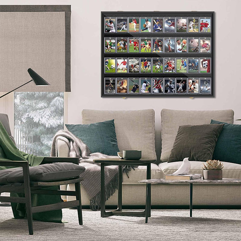 Wood-framed sports card display case mounted on wall
