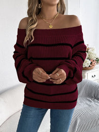 Women's striped off-shoulder sweater with long sleeves, front view

