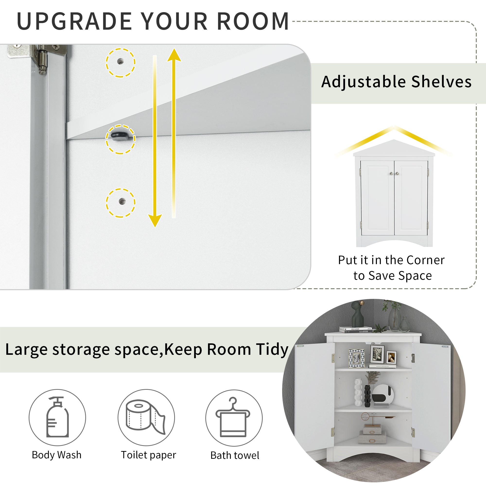White triangle bathroom storage cabinet with a compact, space-saving design, featuring multiple shelves for organizing toiletries, towels, and other bathroom essentials. Made from durable materials, this sleek cabinet adds a functional and stylish touch to any bathroom decor.