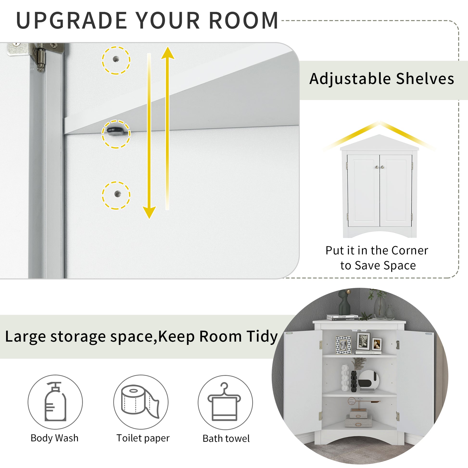 White triangle bathroom storage cabinet with a compact, space-saving design, featuring multiple shelves for organizing toiletries, towels, and other bathroom essentials. Made from durable materials, this sleek cabinet adds a functional and stylish touch to any bathroom decor.