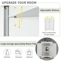 White triangle bathroom storage cabinet with a compact, space-saving design, featuring multiple shelves for organizing toiletries, towels, and other bathroom essentials. Made from durable materials, this sleek cabinet adds a functional and stylish touch to any bathroom decor.