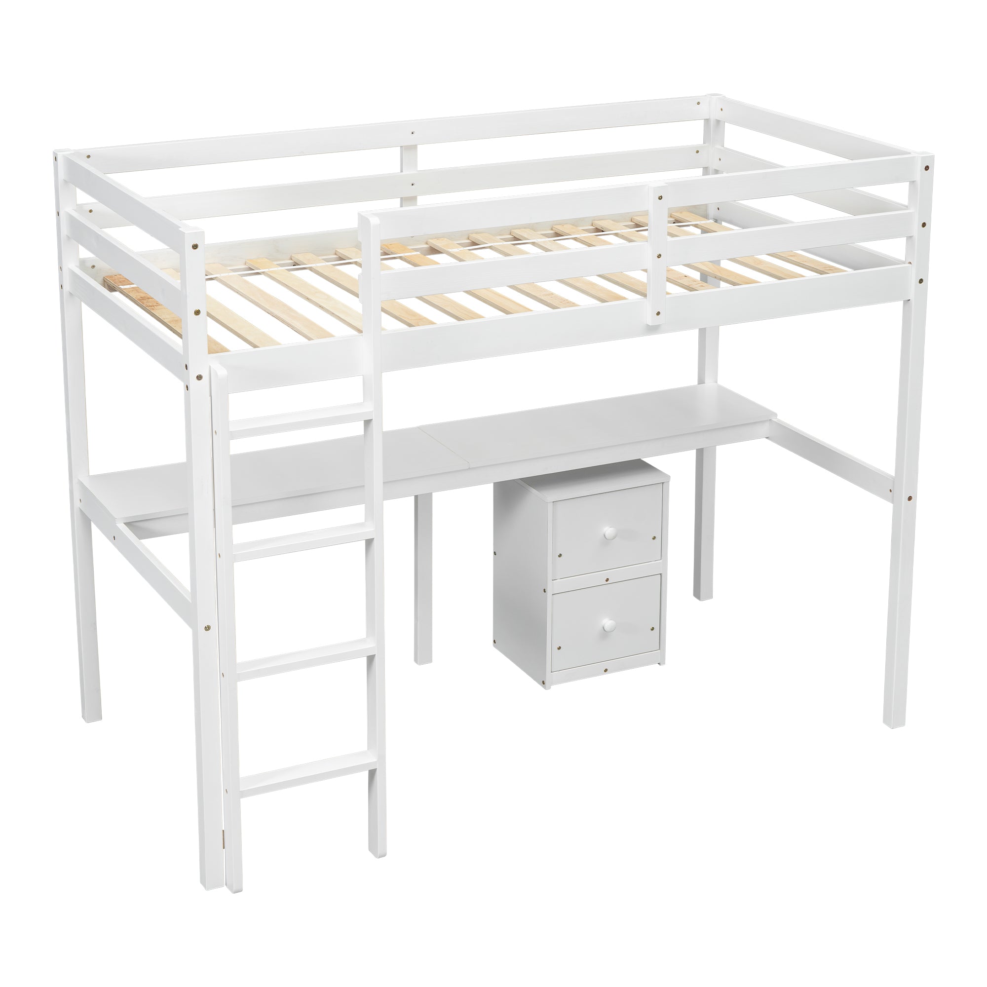 Full view of white twin loft bed with built-in desk and drawers underneath


