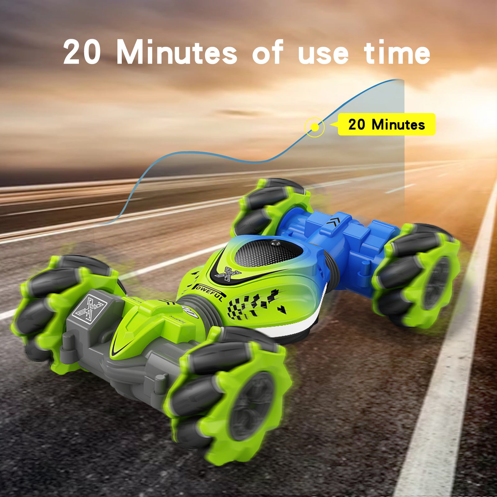 Gesture-controlled RC transforming stunt car with watch remote and double-sided climbing action.








