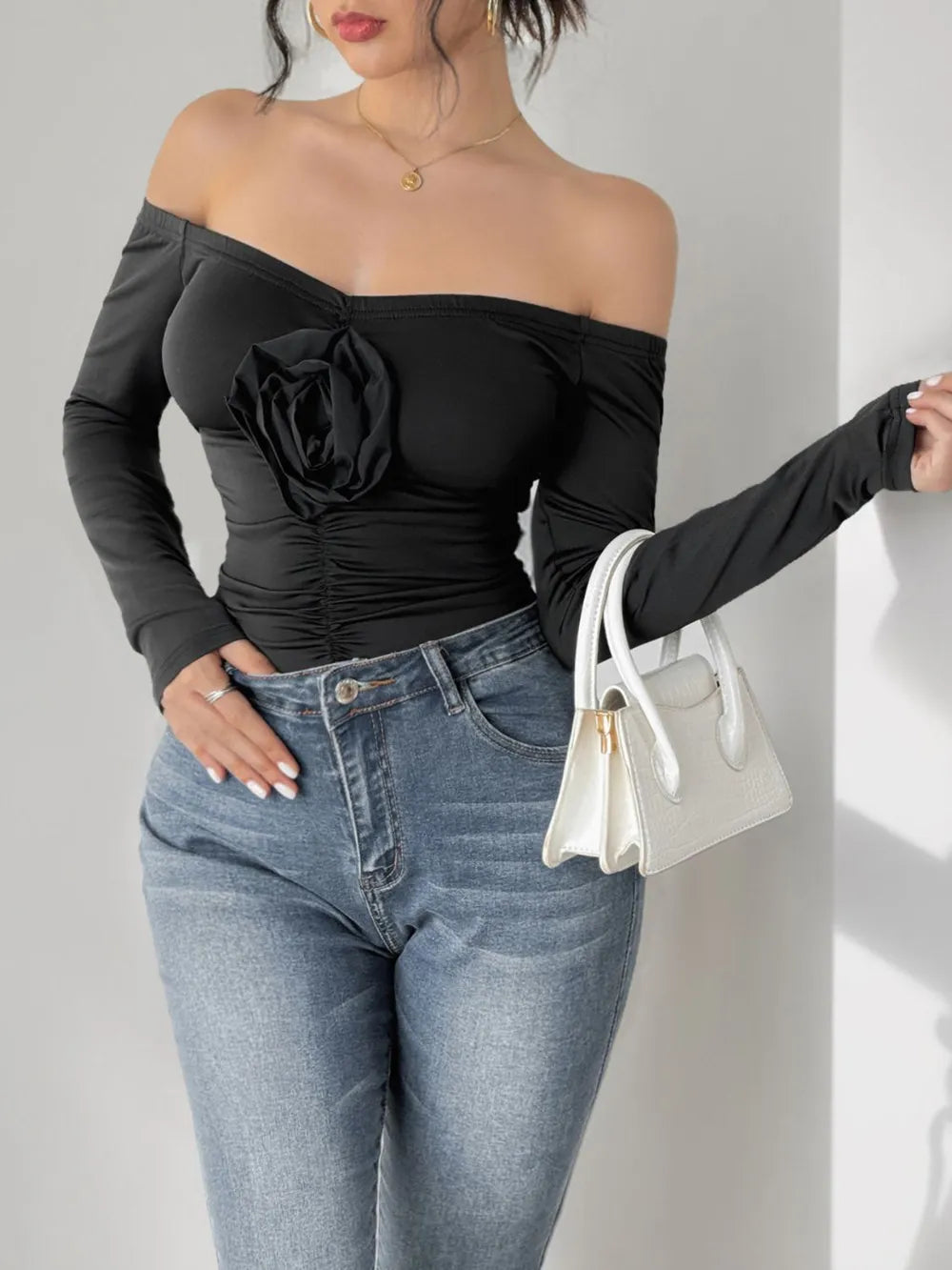 “Floral Ruched Off Shoulder Bodysuit for Women – women’s trendy off-shoulder bodysuit with floral print and ruched details – Hot Deal Warehouse fashion”

