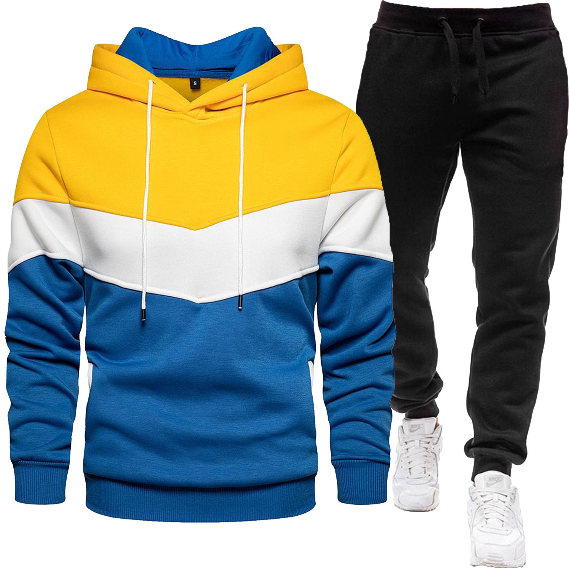 Men's three-color hoodie and jogger pants two-piece set, front view

