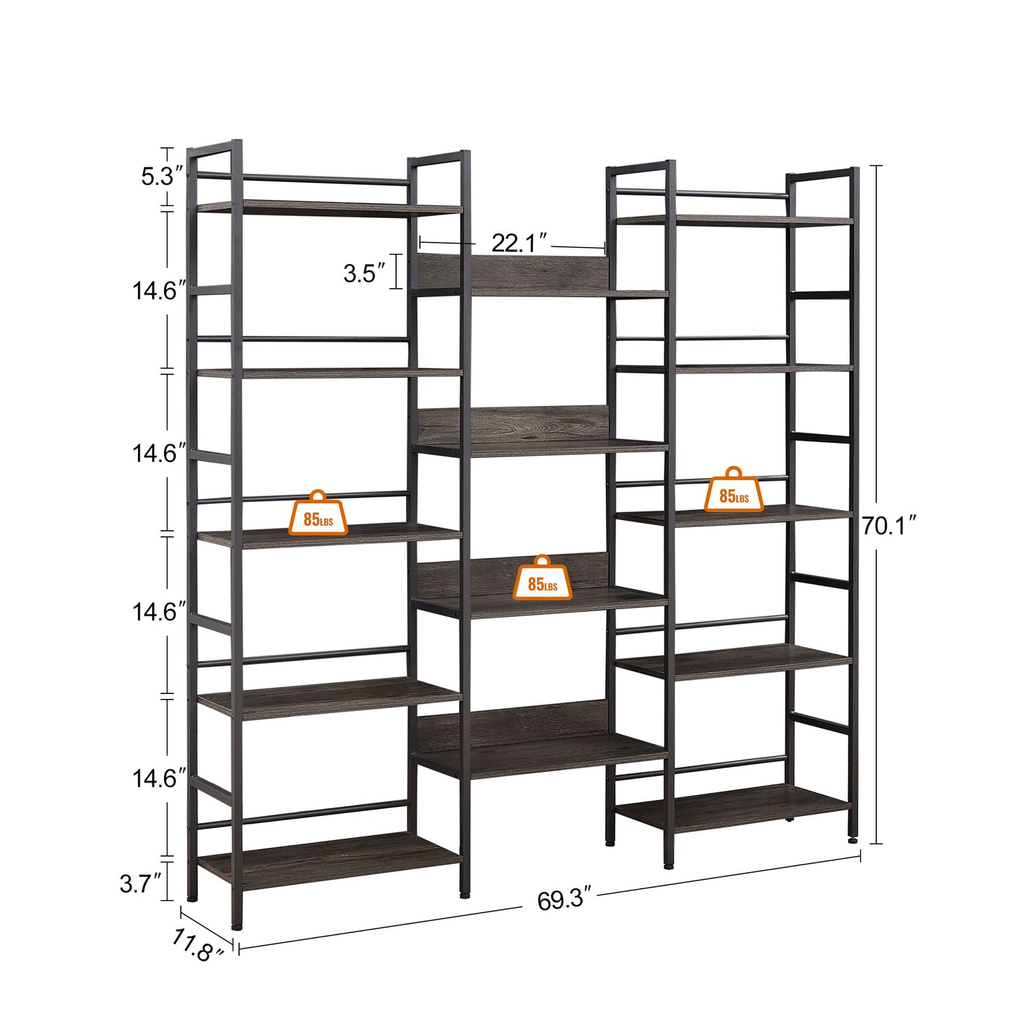 Triple wide 5-shelf bookshelf offering ample storage space with a sturdy design. Features five spacious shelves for organizing books, decor, and more, perfect for living rooms, offices, or libraries. Stylish and functional for both modern and traditional interiors.