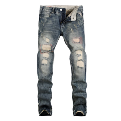 Men’s slim fit ripped biker jeans with distressed details and stretch denim, ideal for streetwear and casual fashion.








