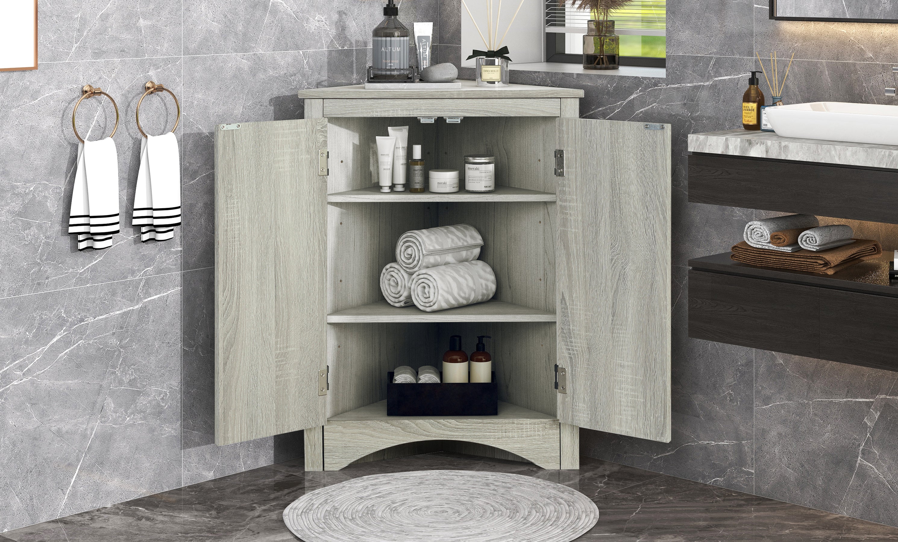 Oak triangle bathroom storage cabinet with a stylish, space-saving design, featuring multiple shelves for organizing toiletries, towels, and other bathroom essentials. Crafted from durable oak wood, this elegant cabinet adds both functionality and natural charm to any bathroom