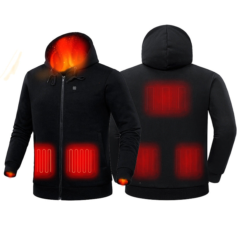 USB heating hoodie with power bank connected for warmth