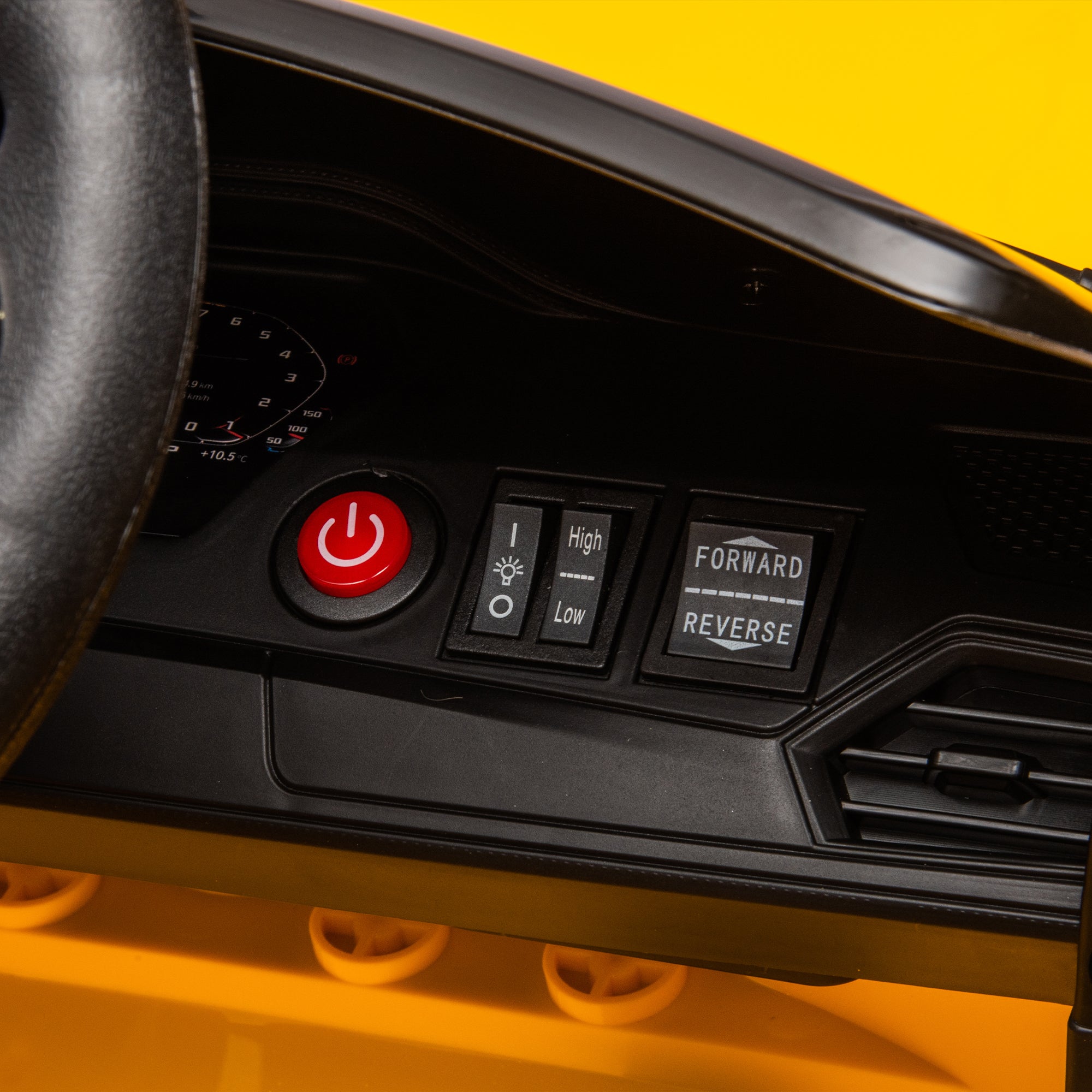 Yellow BMW M4 12V electric ride-on car for kids, featuring authentic design with working headlights, MP3 player, and forward/reverse motion. Comes with adjustable seat and steering wheel, providing a realistic driving experience for children aged 3-6