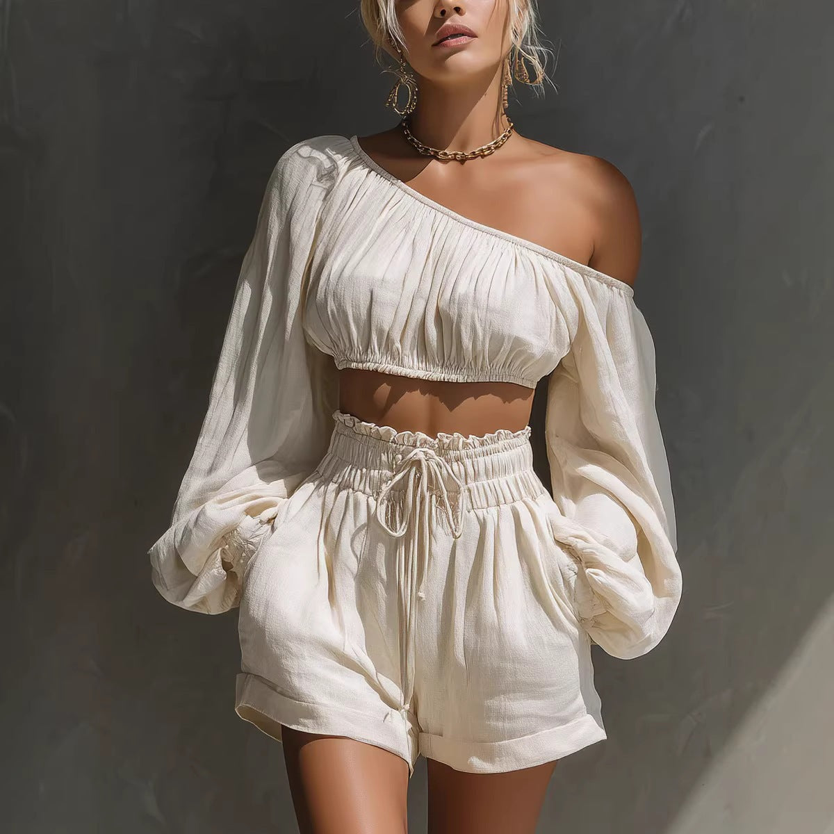 Shoulder long sleeved short top+high waisted casual shorts set for women Hot Deal Warehouse