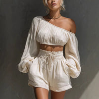 Shoulder long sleeved short top+high waisted casual shorts set for women Hot Deal Warehouse