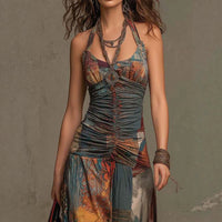 French Oil Painting Print Vintage Off-Shoulder Sexy Jumpsuit for Women Summer Hot Deal Warehouse
