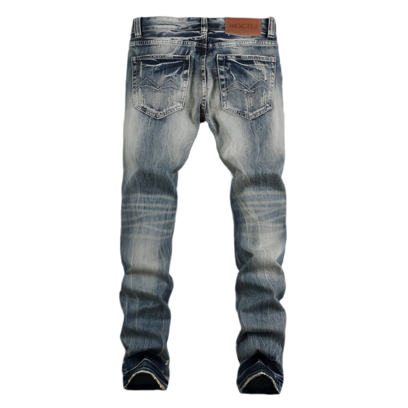 Men’s slim fit ripped biker jeans with distressed details and stretch denim, ideal for streetwear and casual fashion.








