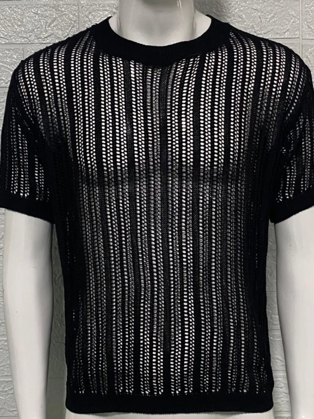 Men's openwork knit t-shirt with round neckline, front view

