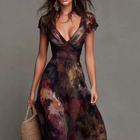 Elegant Deep V-Neck Painted Print Fitted Waist Flowy Chiffon Maxi Dress Hot Deal Warehouse