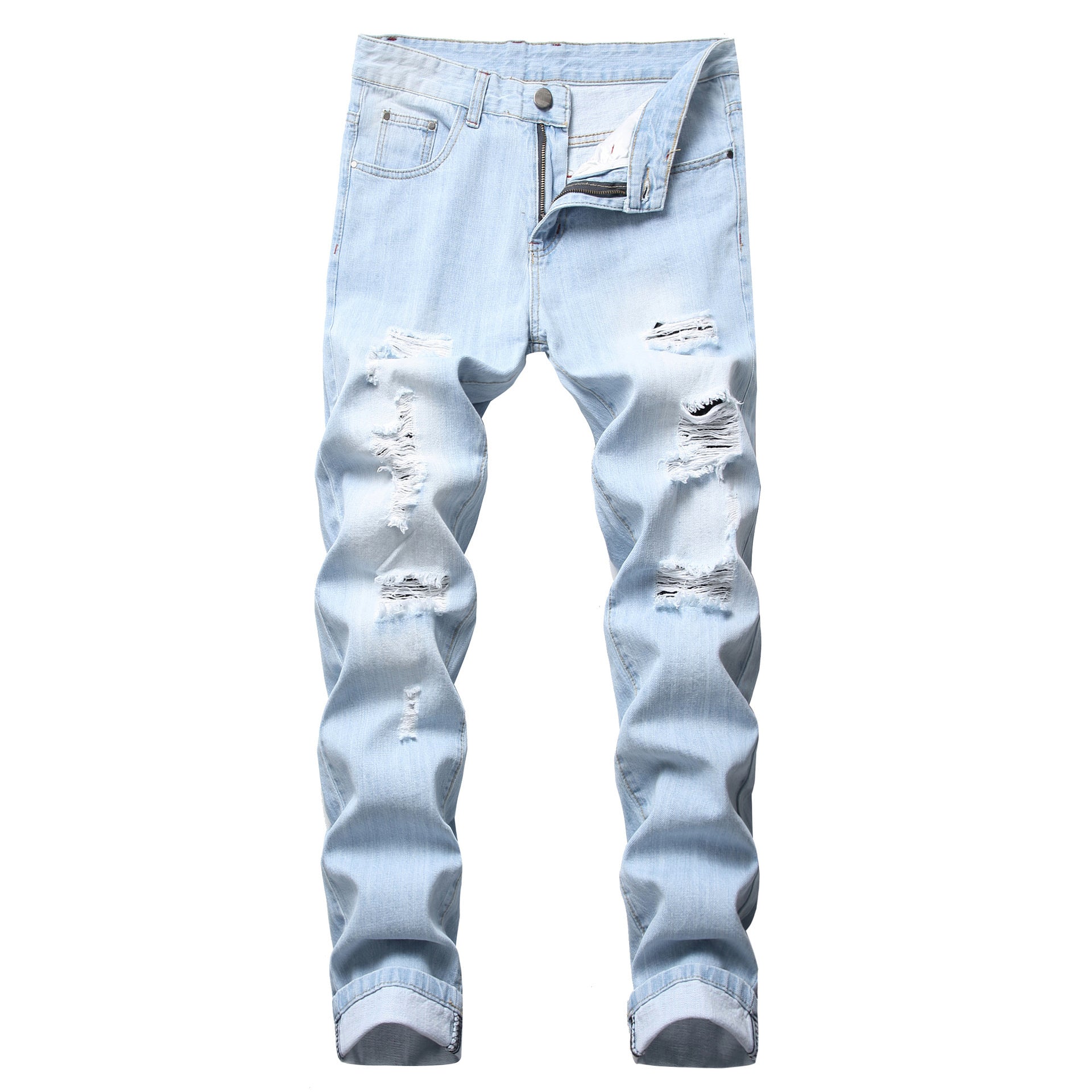 Men’s ripped fashion slim-fit straight jeans with distressed details for a trendy streetwear look.
