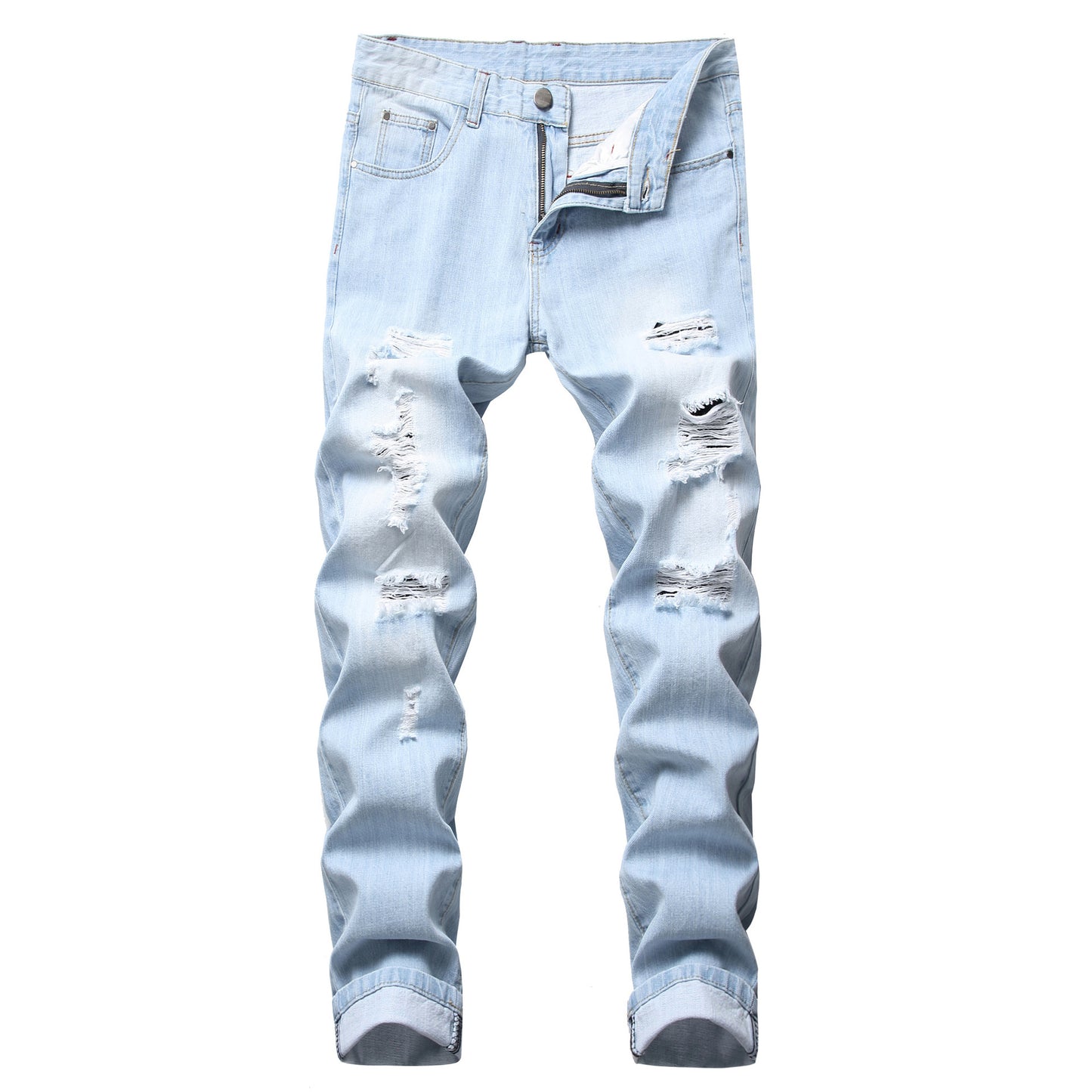 Men’s ripped fashion slim-fit straight jeans with distressed details for a trendy streetwear look.