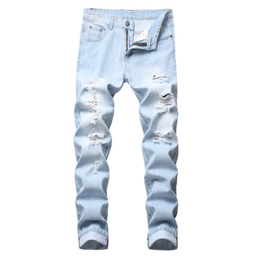 Men’s ripped fashion slim-fit straight jeans with distressed details for a trendy streetwear look.