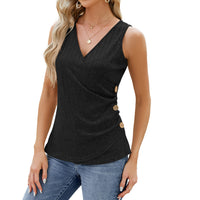 Women’s sleeveless V-neck tank top with button design in solid color, perfect for casual or dressy summer looks.








