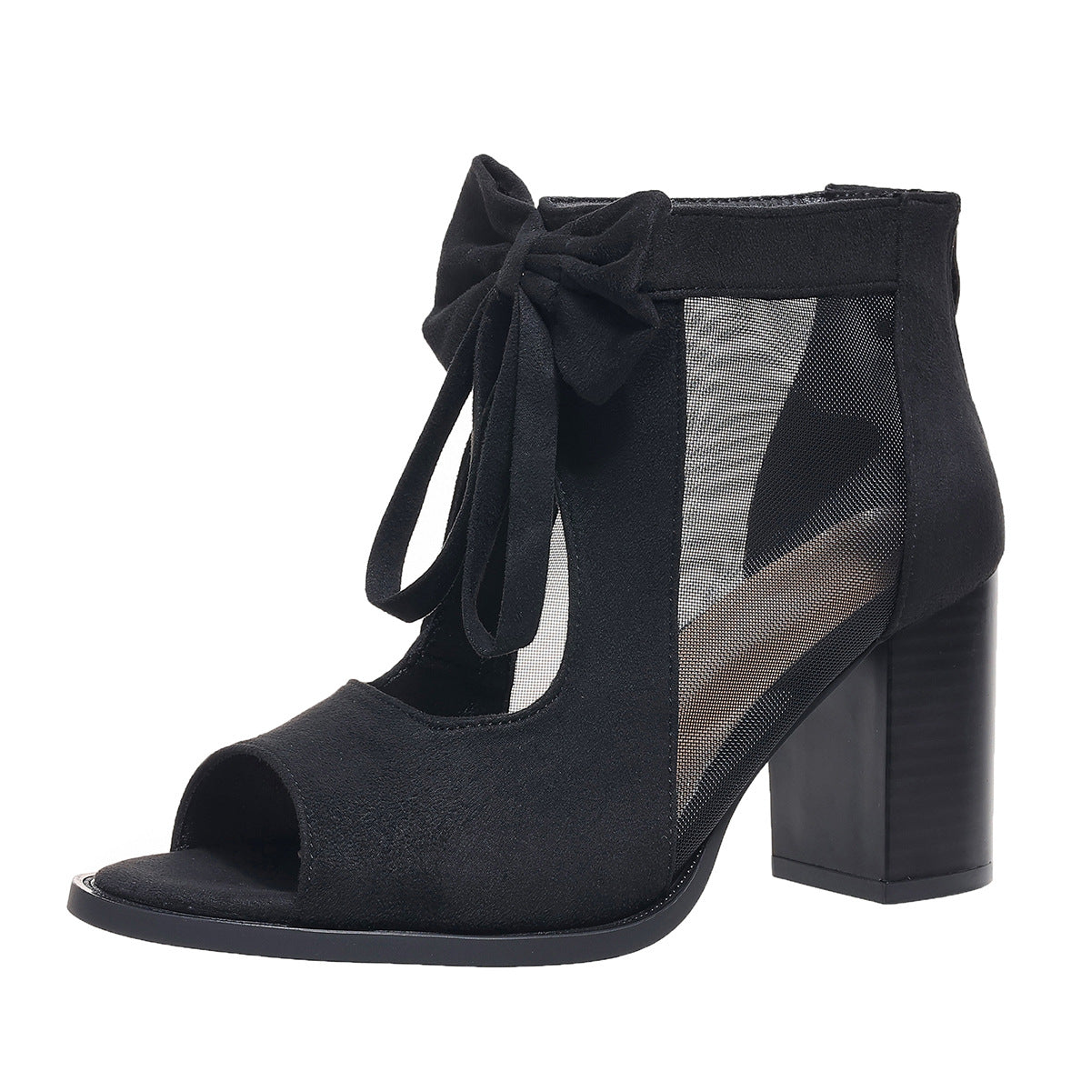 Women's platform chunky high heel sandals with bow decoration and ankle strap.

