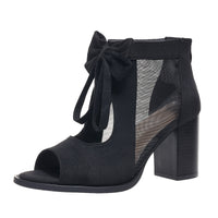 Women's platform chunky high heel sandals with bow decoration and ankle strap.

