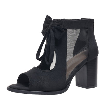 Women's platform chunky high heel sandals with bow decoration and ankle strap.

