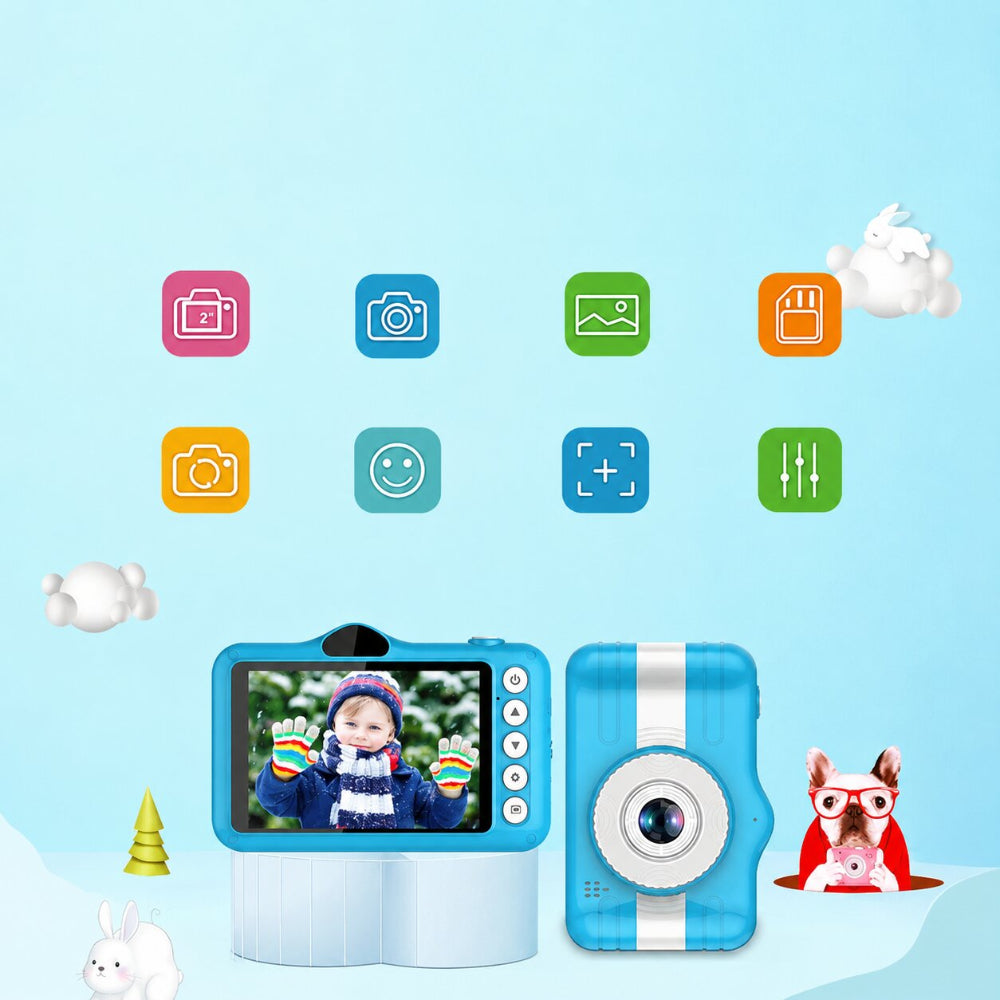 A children's instant camera shown in a stylized graphic layout. The product consists of a light blue body with a white vertical stripe, a circular lens, and a small side button.