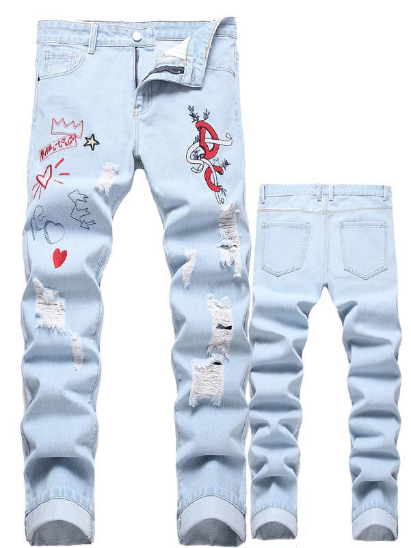 Men's motorcycle denim pants with zipper hardware and distressed detailing