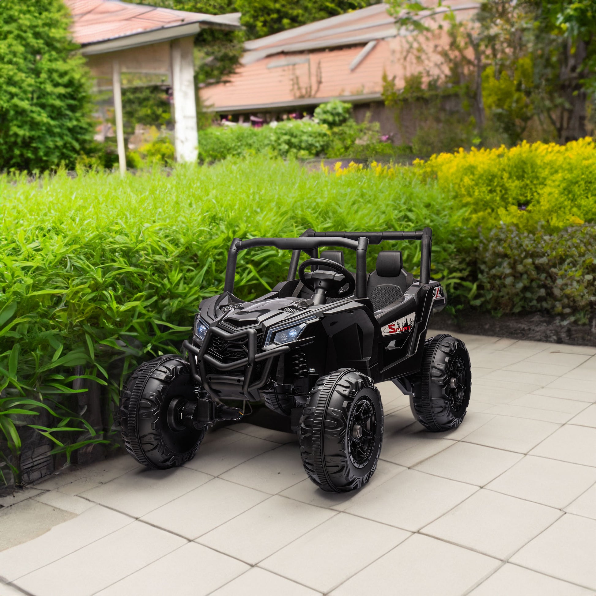 Side by side 4x4 ride-on truck for kids, featuring a durable design with working headlights, adjustable seat, and forward/reverse motion. Equipped with realistic off-road tires and easy-to-use controls, this electric truck provides an exciting outdoor adventure for children ages 3-7