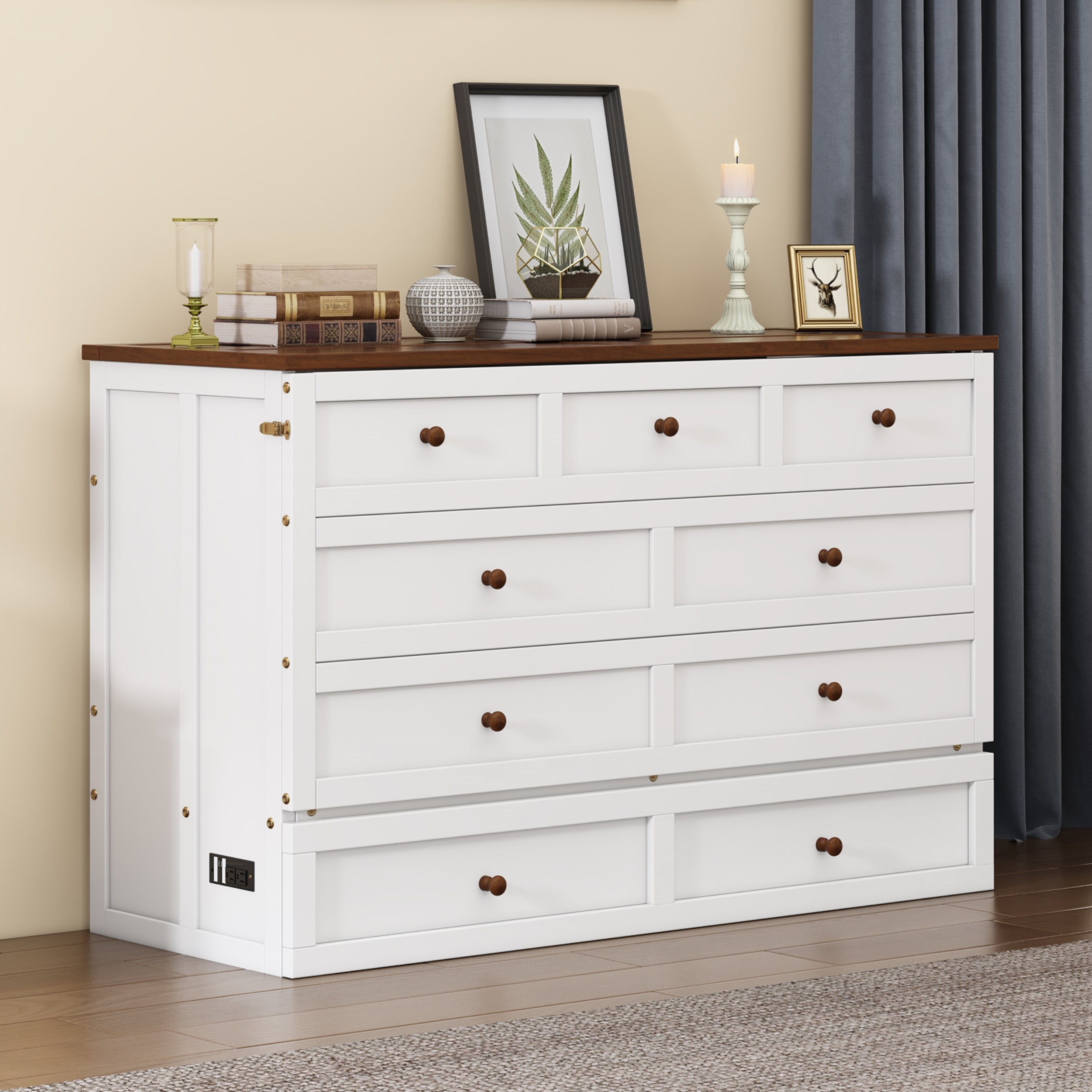 White and walnut queen Murphy bed chest in closed position