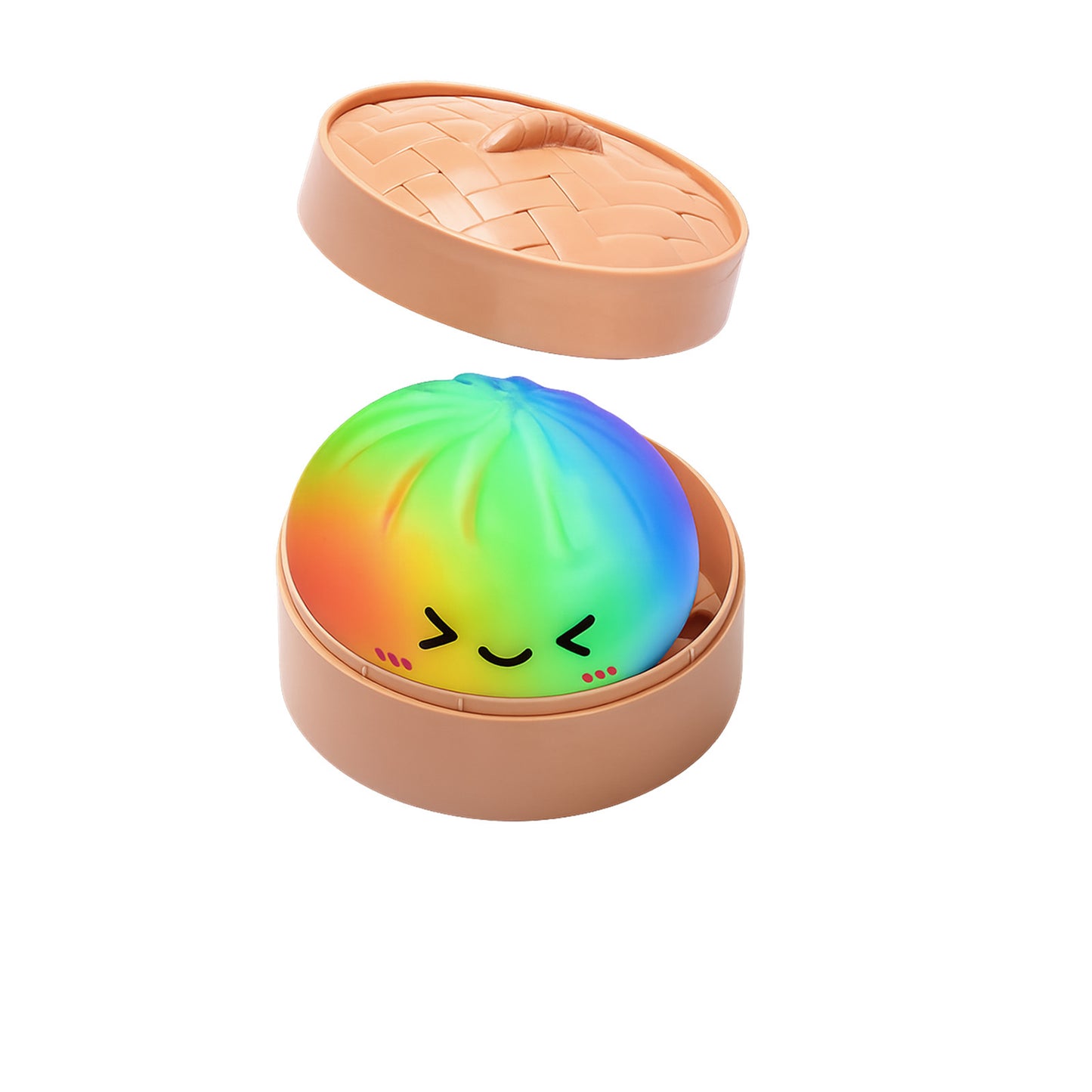 Colorful, smiley face object in a brown container on a white background