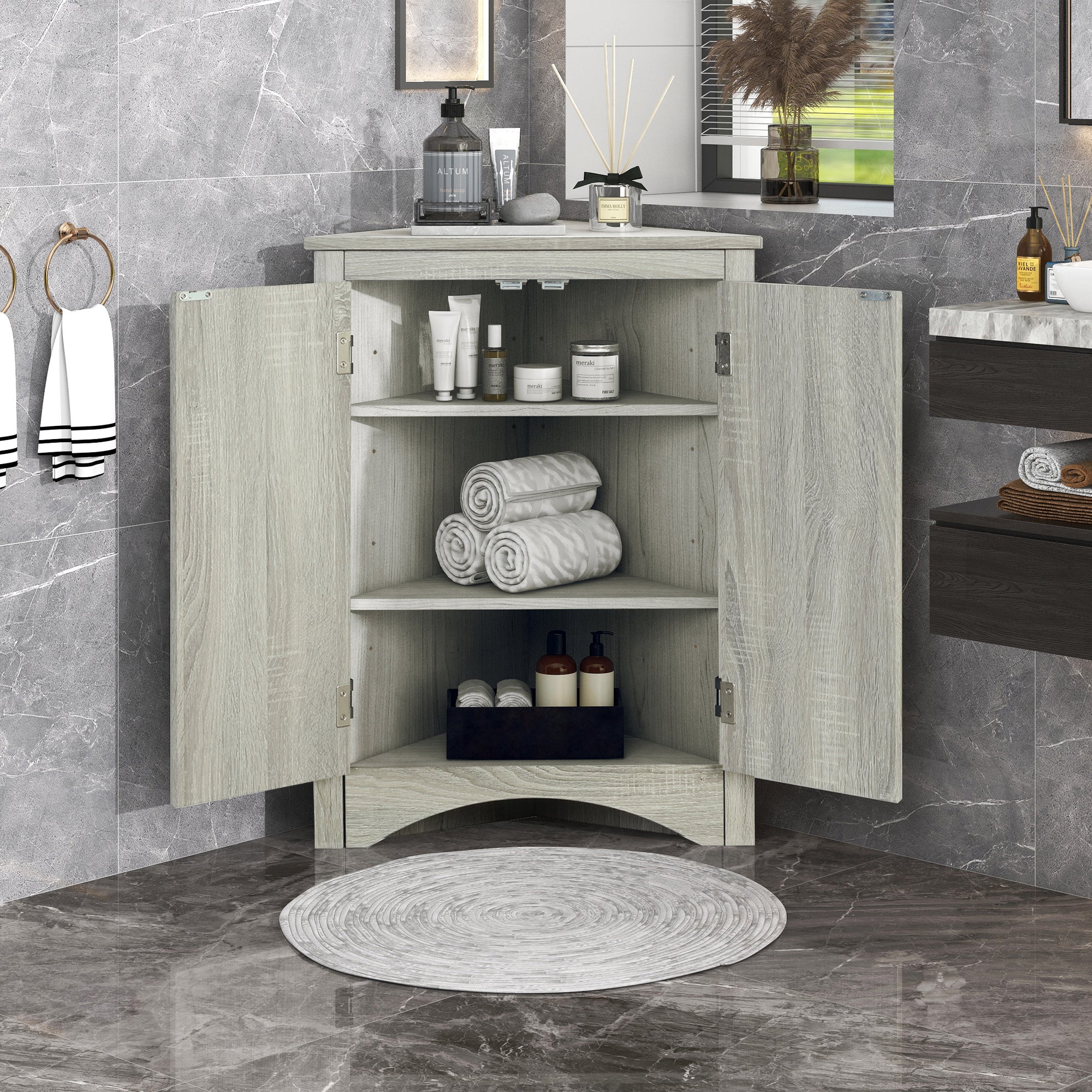Oak triangle bathroom storage cabinet with a stylish, space-saving design, featuring multiple shelves for organizing toiletries, towels, and other bathroom essentials. Crafted from durable oak wood, this elegant cabinet adds both functionality and natural charm to any bathroom
