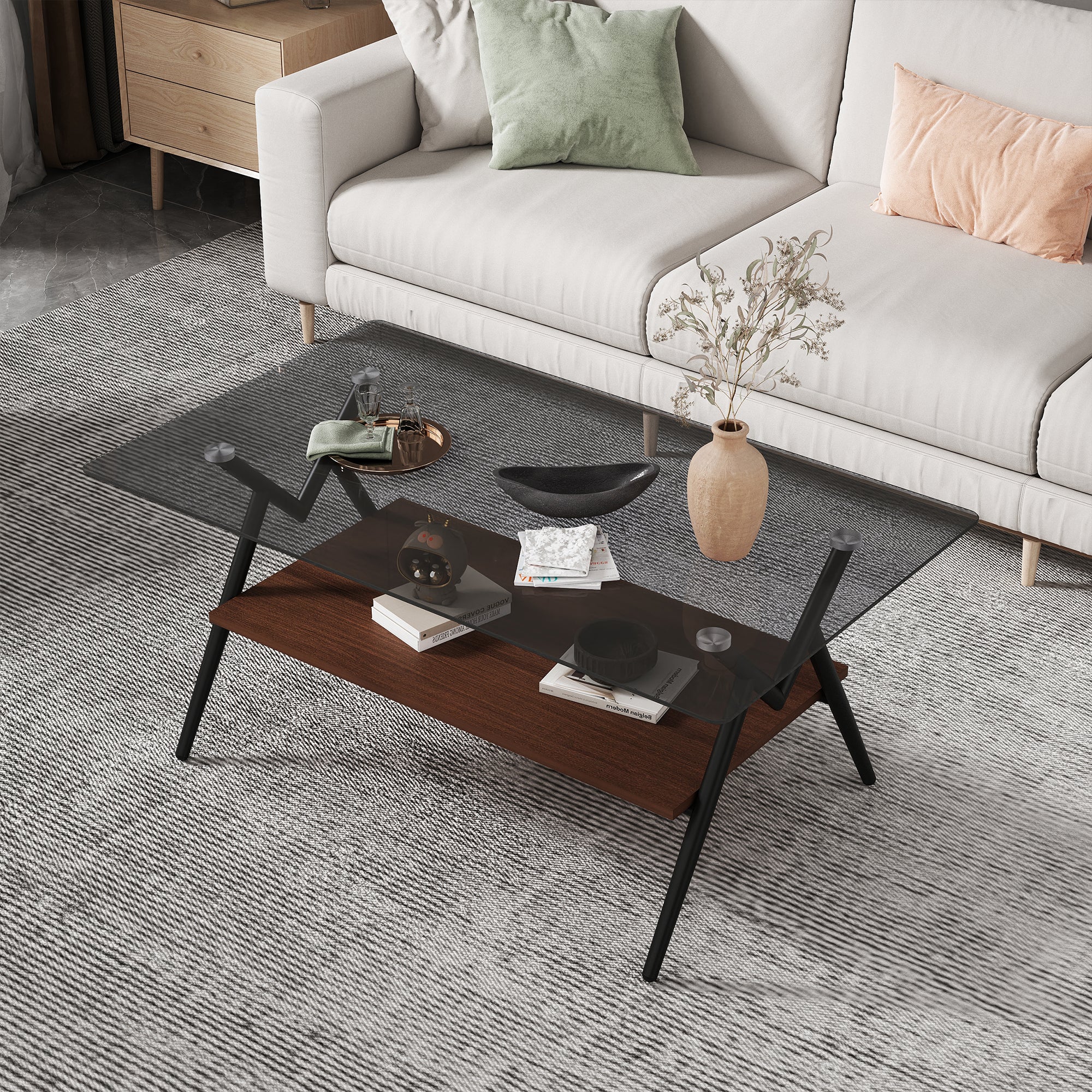 Rectangular coffee table with gray glass top and brown MDF shelf