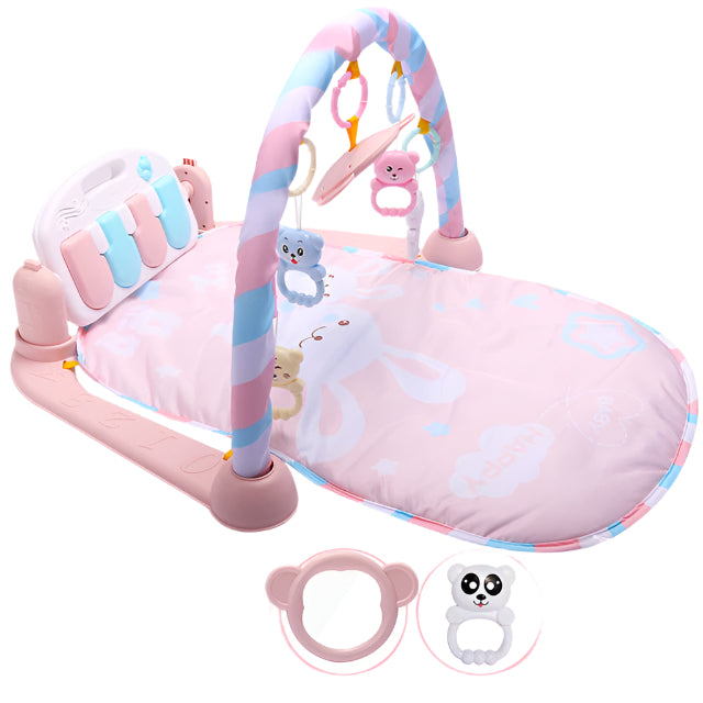 Baby playmat with keyboard, mirror, and hanging toys for newborn sensory development.

