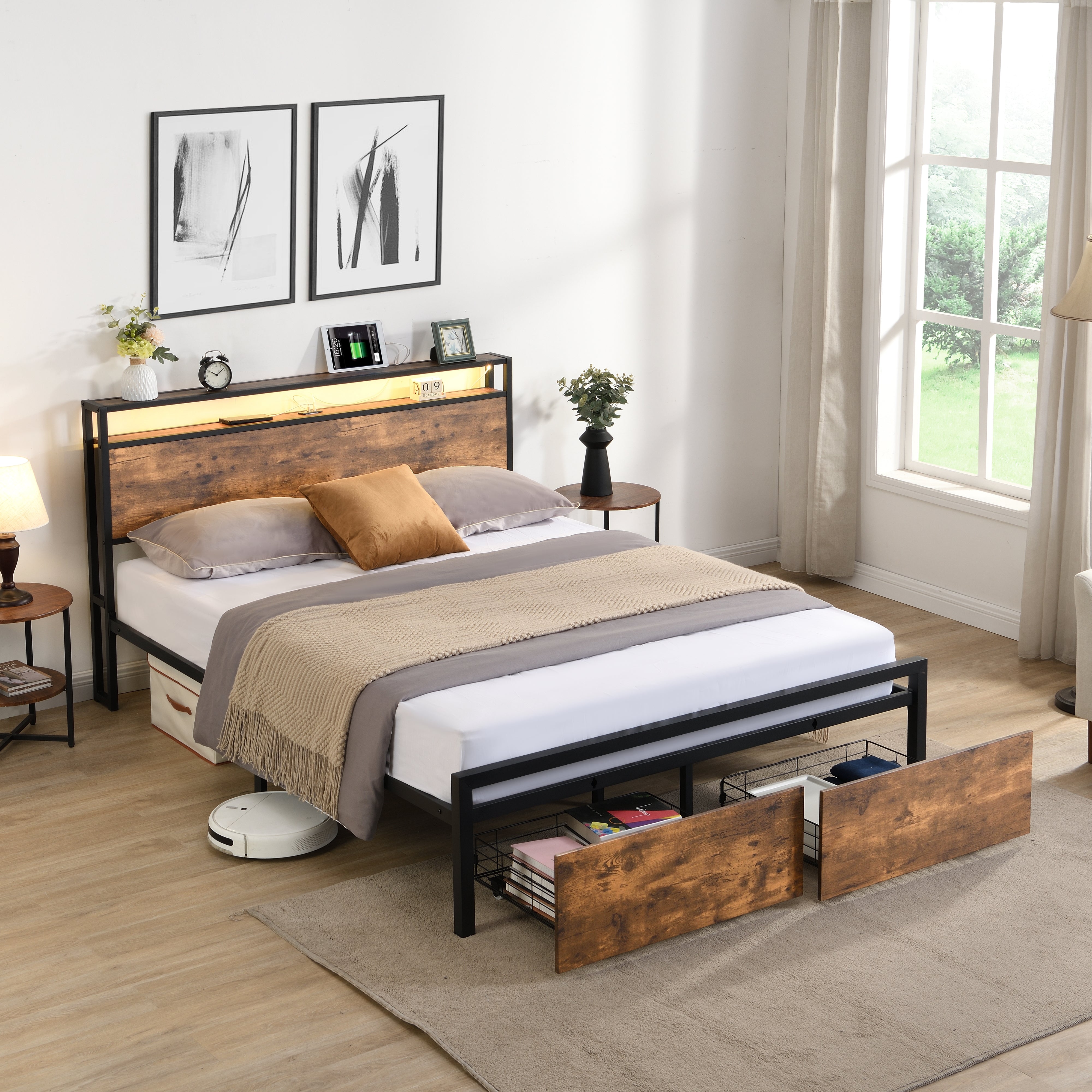 Full-size bed frame with LED headboard, drawers, and charging ports