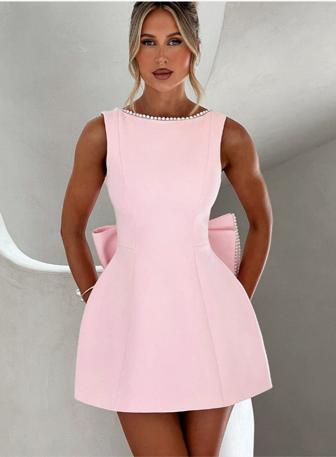 Elegant big-bowed pearls backless dress, sleeveless A-line party evening dress for women, perfect for summer soirées and formal occasions.

