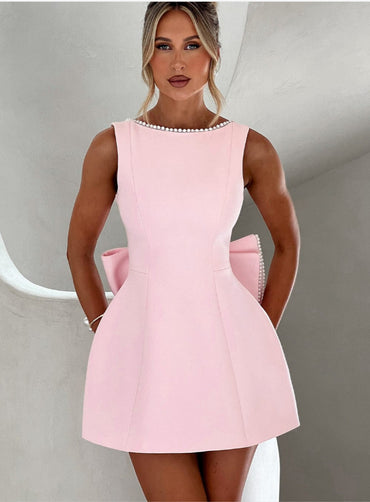 Elegant big-bowed pearls backless dress, sleeveless A-line party evening dress for women, perfect for summer soirées and formal occasions.


