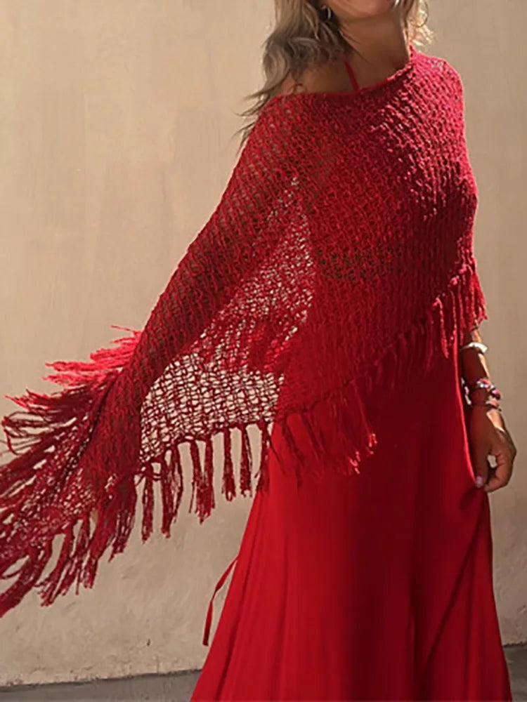 Bohemian Bat Sleeve Tassel Knit Hoodie Cape for Women – Oversized Pullover Sweater

