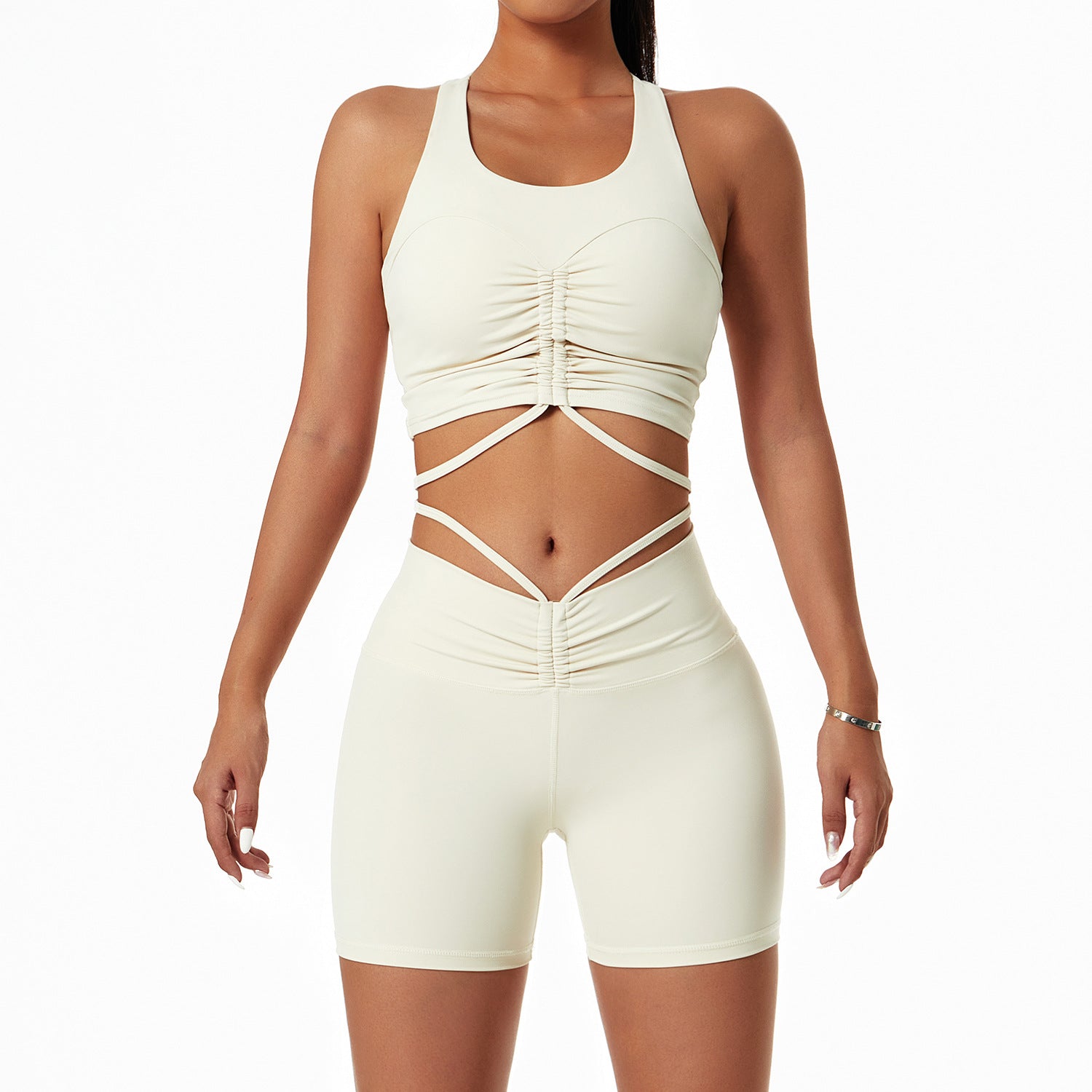 Woman wearing a stylish yoga set with drawstring collar top and fitted leggings, ideal for gym or yoga sessions.

