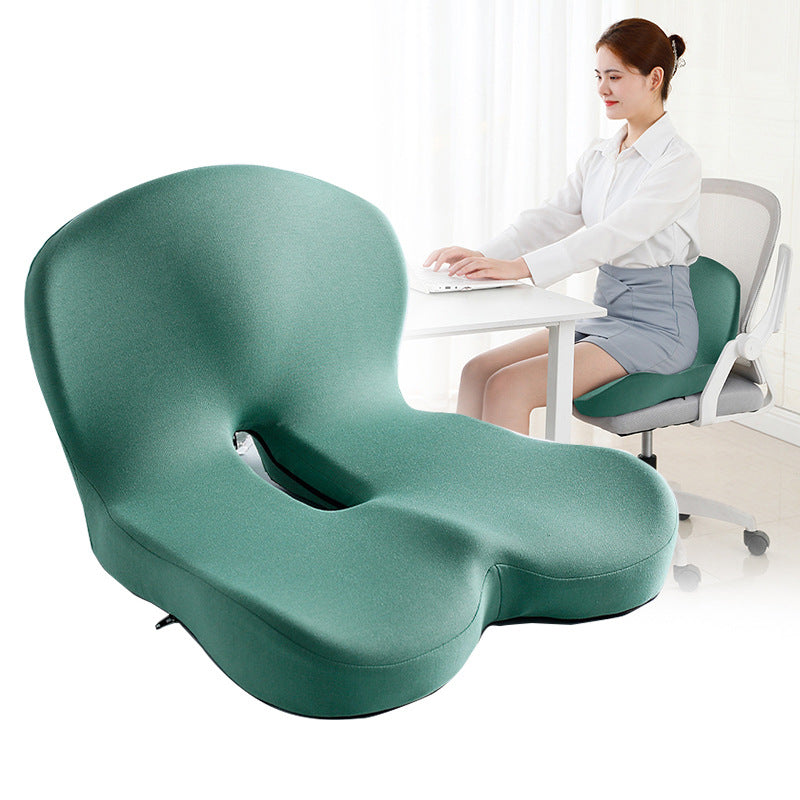 Memory foam ergonomic cushion with integrated back and seat support on an office chair

