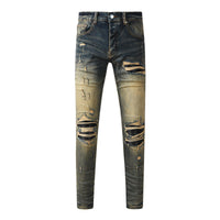 Men's distressed dark-wash jeans with subtle worn detailing and cotton denim